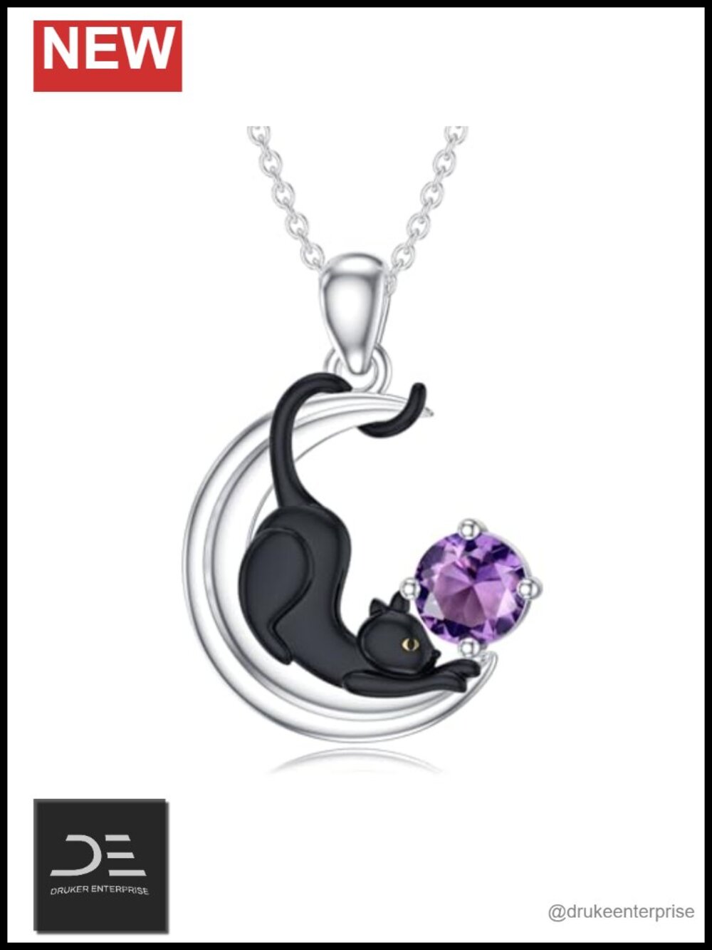 Sterling Silver Black Cat Pendant Necklace with Amethyst February Birthstone